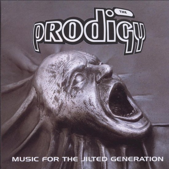 De hoes van 'Music For The Jilted Generation' van The Prodigy, met een schreeuwend metalen hoofd.