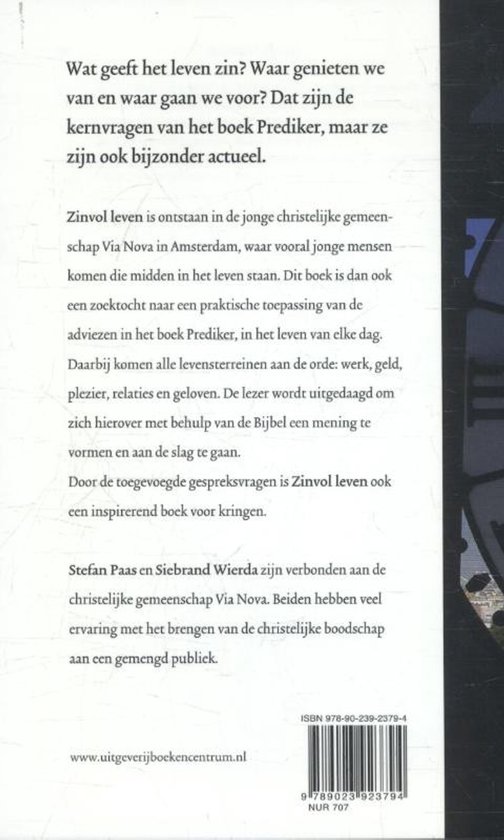 Achterkant van het boek 'Zinvol leven', met tekst over de inhoud en auteurs.