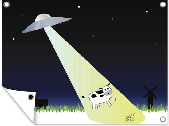 Tuin decoratie Een illustratie van een UFO die een koe ontvoert - Jongens - Meisjes - Baby - Kind - 40x30 cm - Tuindoek - Buitenposter