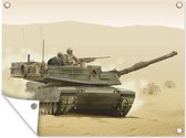 Tuinschilderij Een illustratie van een tank in de woestijn - 80x60 cm - Tuinposter - Tuindoek - Buitenposter