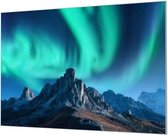 Wandpaneel Noorderlicht groen boven bergen  | 210 x 140  CM | Zilver frame | Akoestisch (50mm)