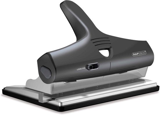 Zwarte Rapesco perforator met metalen onderkant en transparante opvangbak voor confetti.