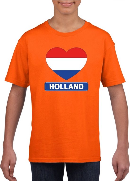 Oranje Holland hart vlag shirt kinderen - Oranje Koningsdag/ Holland supporter kleding 146/152