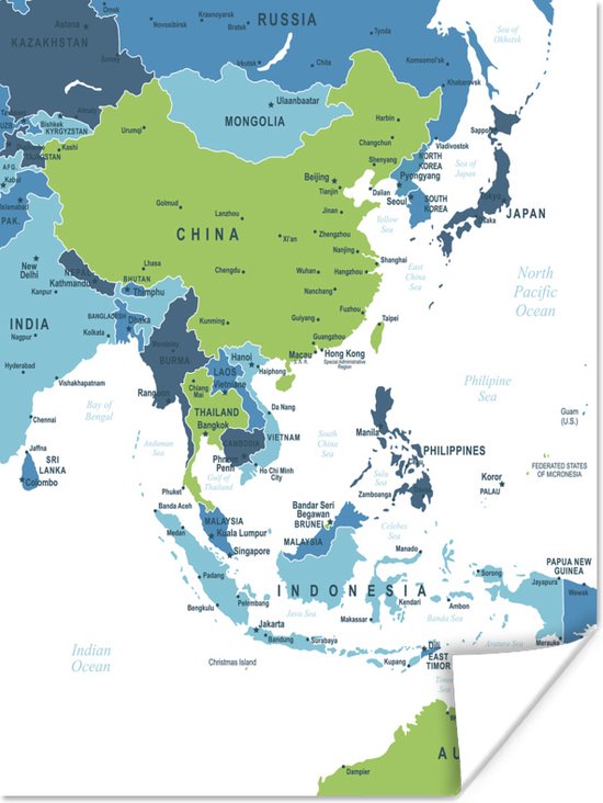 Kaart van Azië in groen en blauw op witte achtergrond 60x80 cm - Foto print op Poster (wanddecoratie woonkamer / slaapkamer)