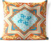 Buitenkussens - Tuin - Vierkant patroon met een ster op een oranje achtergrond met blauwe en gele versieringen - 45x45 cm
