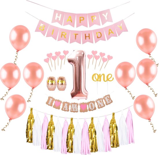 web Geavanceerde Botsing 1 Jaar Verjaardag Versiering - Rose Goud - All-in-one Feestpakket - 1ste  verjaardag -... | bol.com