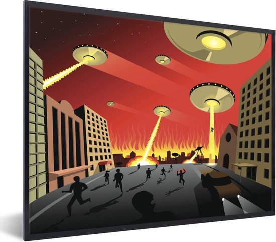 Photo encadrée - Une illustration d'OVNIS attaquant un cadre photo de ville noir 40x30 cm - Affiche encadrée (Décoration murale salon / chambre)