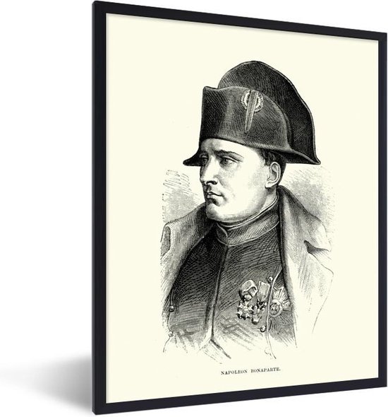 Fotolijst incl. Poster - Illustratie van Napoleon Bonaparte in het zwart-wit - 60x80 cm - Posterlijst