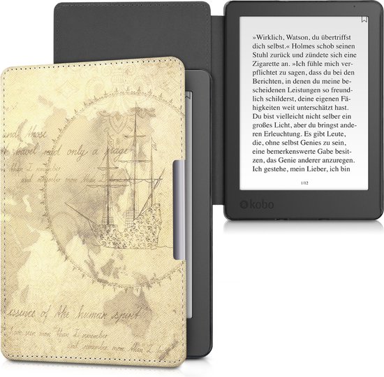 kwmobile e-reader hoesje geschikt voor Kobo Aura Edition 2 hoes - E reader flip case met magnetische sluiting - Ereader cover - Vintage Travel design in bruin / lichtbruin van Merkloos — afbeelding 5