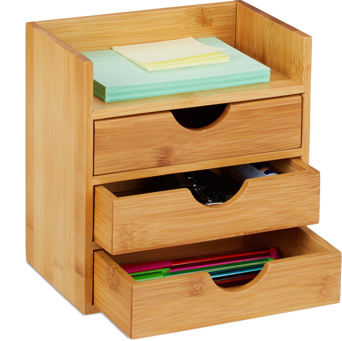 bureau organizer bamboe - met 3 lades - voor kantoorartikelen - 21 x 20 x 13 cm