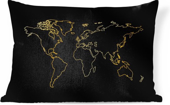 Sierkussens - Kussen - Gouden wereldkaart op een zwarte achtergrond - 60x40 cm - Kussen van katoen