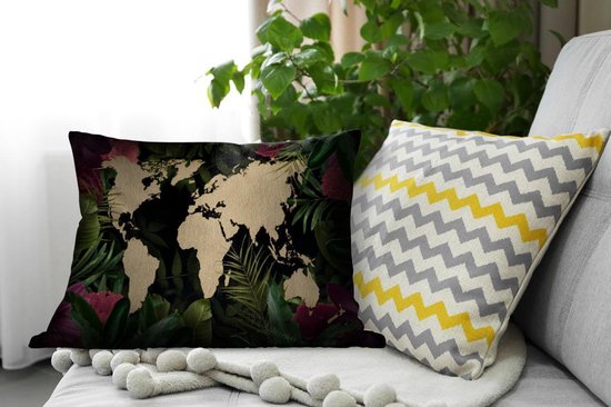 Coussins décoratifs - Coussin - Carte du monde couleur sable sur fond noir ornée de fleurs et de feuilles tropicales - 60x40 cm - Coussin en coton