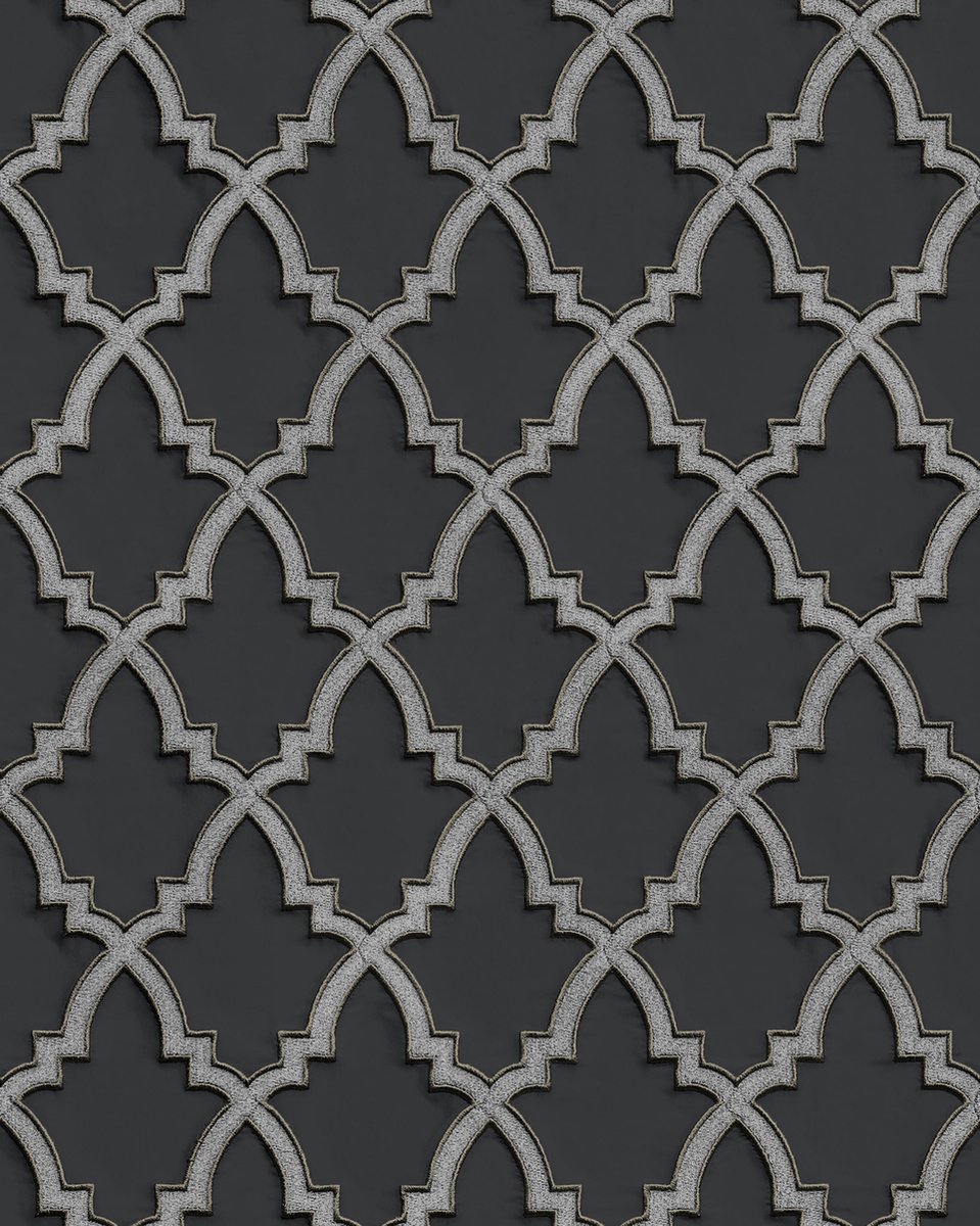 Etnisch behang Profhome DE120028-DI vliesbehang hardvinyl warmdruk in reliëf gestempeld met ornamenten en metalen accenten antraciet zilver 5,33 m2