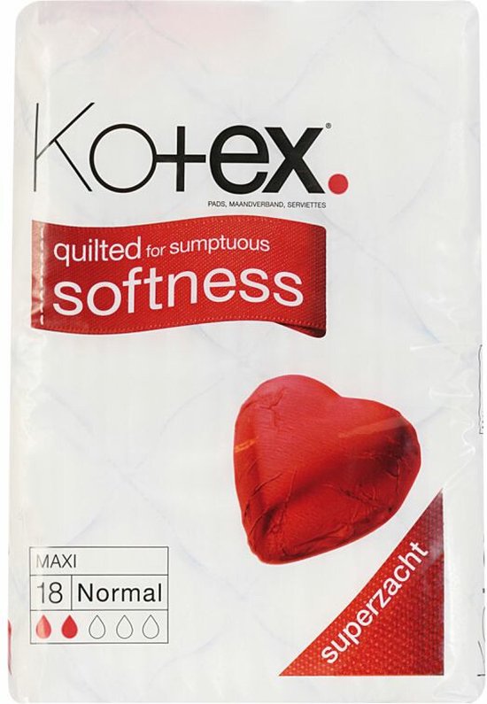 Kotex Maxi maandverbanden, 18 stuks. Wit met "quilted for sumptuous softness" op rode band, en een rood hartje. "superzacht".