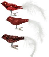 6x stuks decoratie vogels op clip glans/glitter rood 8 cm - Decoratievogeltjes/kerstboomversiering/bruiloftversiering