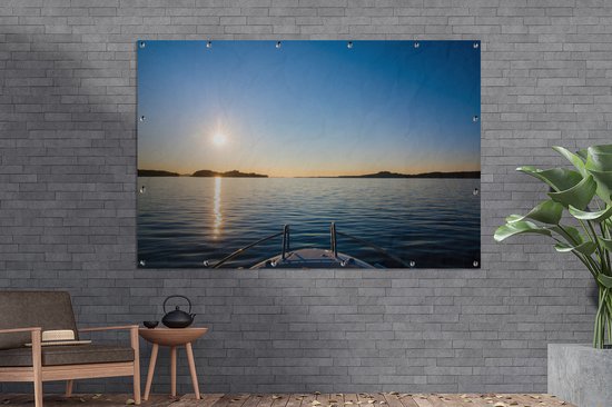 Affiche de jardin coucher de soleil d'un bateau à moteur 180x120 cm - Toile de jardin / Toile d'extérieur / Peintures d'extérieur (décoration de jardin) XXL / Groot format!