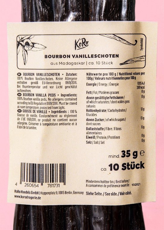 Etiket op verpakking met bourban vanillestokjes, 35g, 10 stuks, met voedingswaarden.