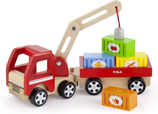 Viga Toys Camion Grue En Bois Avec Accessoires de vêtements pour bébé 29 Cm Rouge