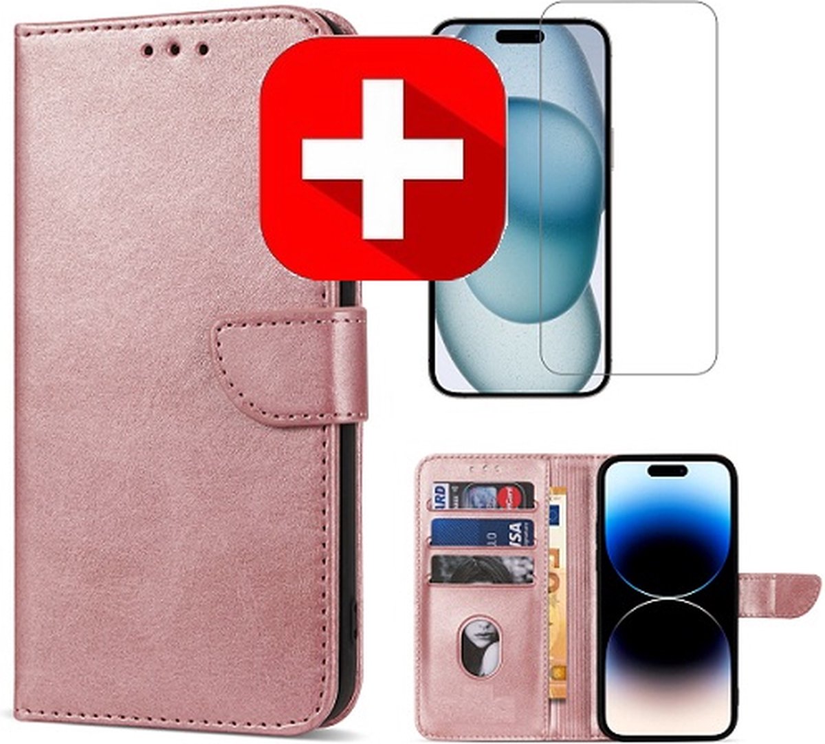 iPhone 15 Hoesje Met Pasjeshouder Rose Goud + Screenprotector