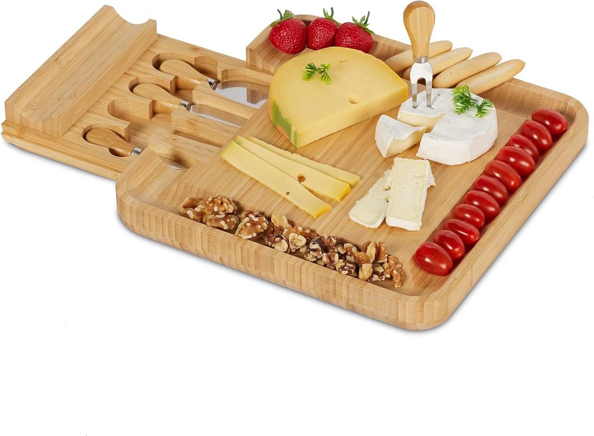 Serveerplank met bestek 5-delige set bamboe kaasplateau natuur 4 x 33 x 33 cm kaasstolp