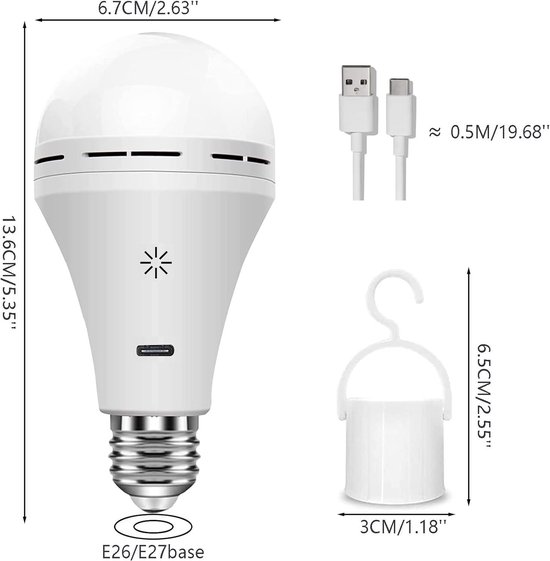 Rechargeable Light Bulb With Remote Control - 7W Battery Powered USB C Lamp - Touch Control Dimmable LED Light Bulb - Camping Emergency Lamp With Hook - Smart E27 Multifunction Lamp - 3000k/2 pack van Lepro — afbeelding 5