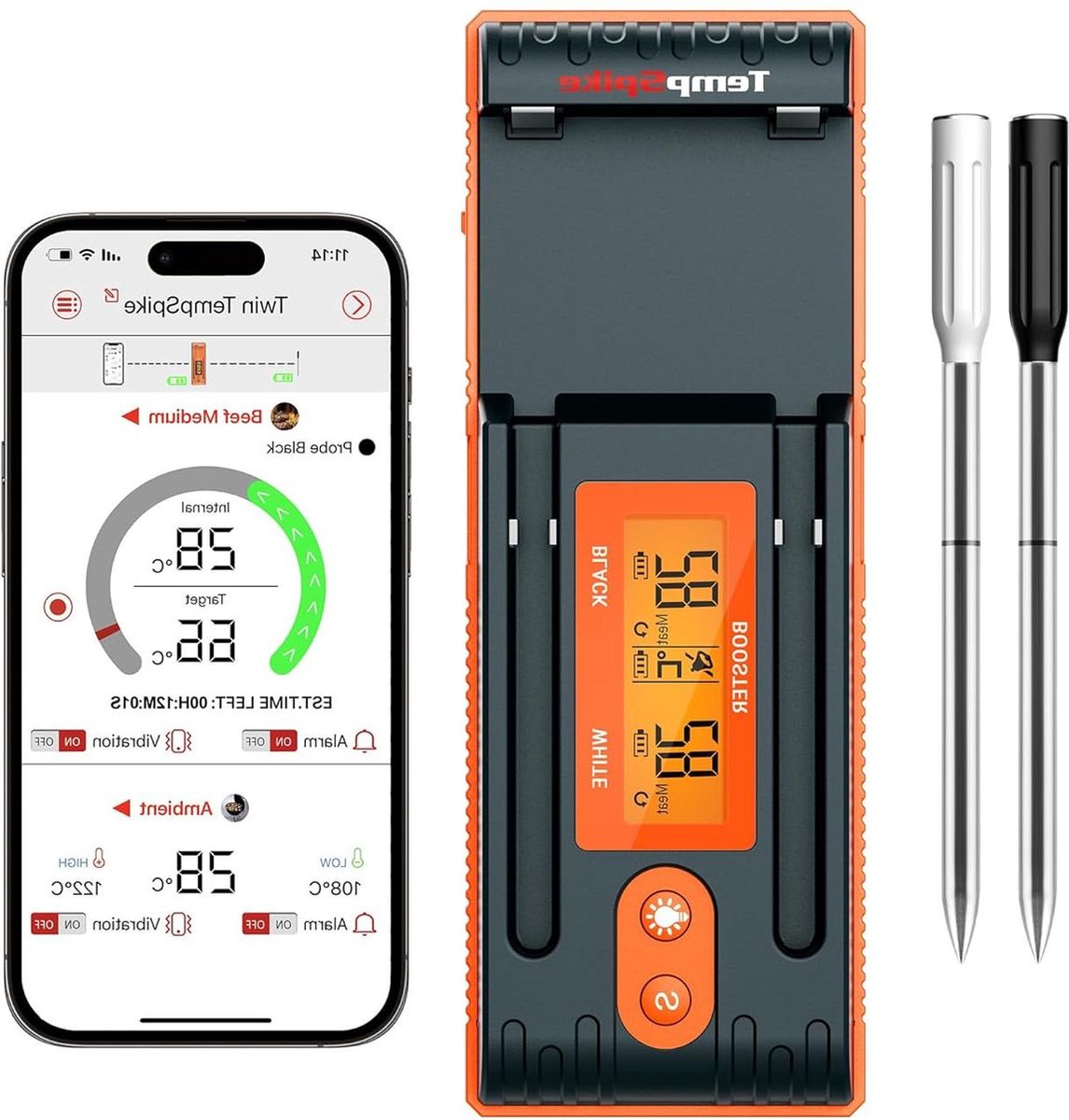 Vleesthermometer Twin TempSpike draadloos - 150m Bluetooth - Oventhermometer met display - Voor oven grill draaispit - Vaatwasser veilig Thermometer oven