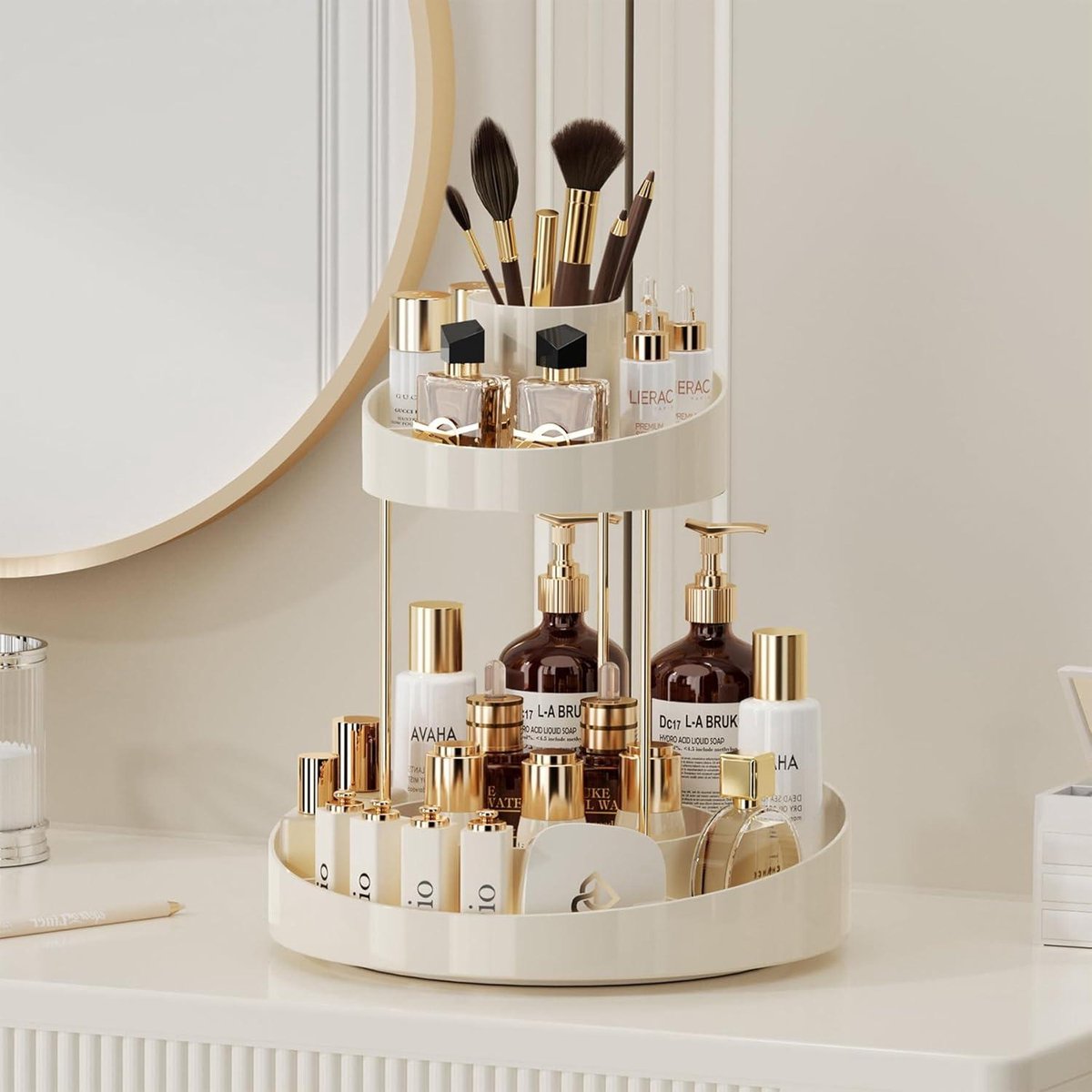360° roterende make-up organizer 2 lagen huidverzorging cosmetische organizer kaptafel organizer voor lippenstiften en make-up borstels beige