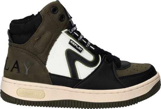 Hoge groene, zwarte en witte sneaker met "REPLAY" opdruk op de zijkant en op de zool.