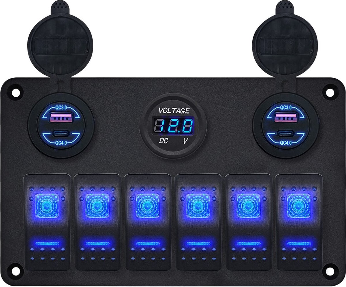 ProRide Schakelpaneel 12V voor Auto/Boot - USB Lader 4 Poorten met Voltmeter- QC4.0 - 6 Schakelaars