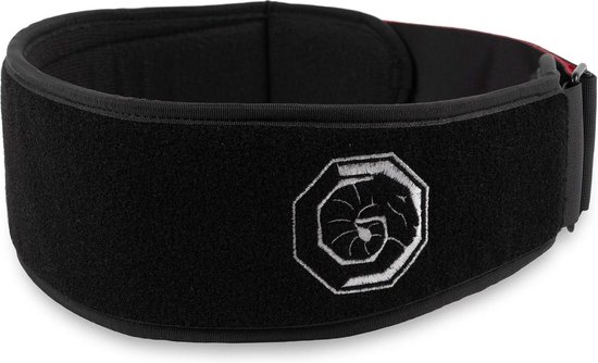 Zwarte trainingsriem met een wit octagonaal logo.