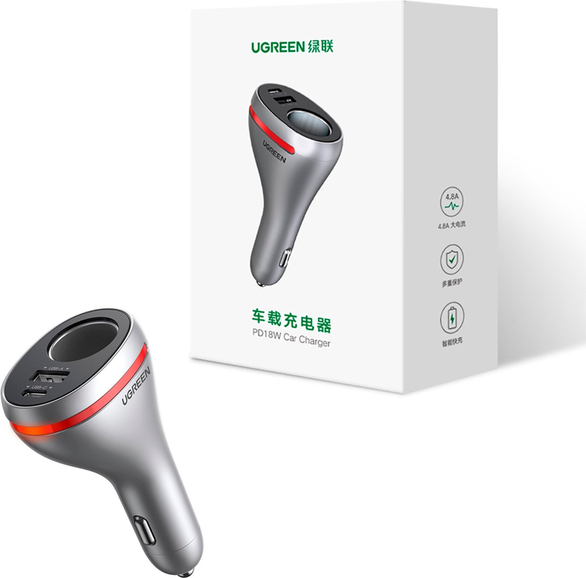 Ugreen - autolader - USB Type C / USB QC PD 24W met 12V sigarettenaansteker in de auto zilver - (CD204)
