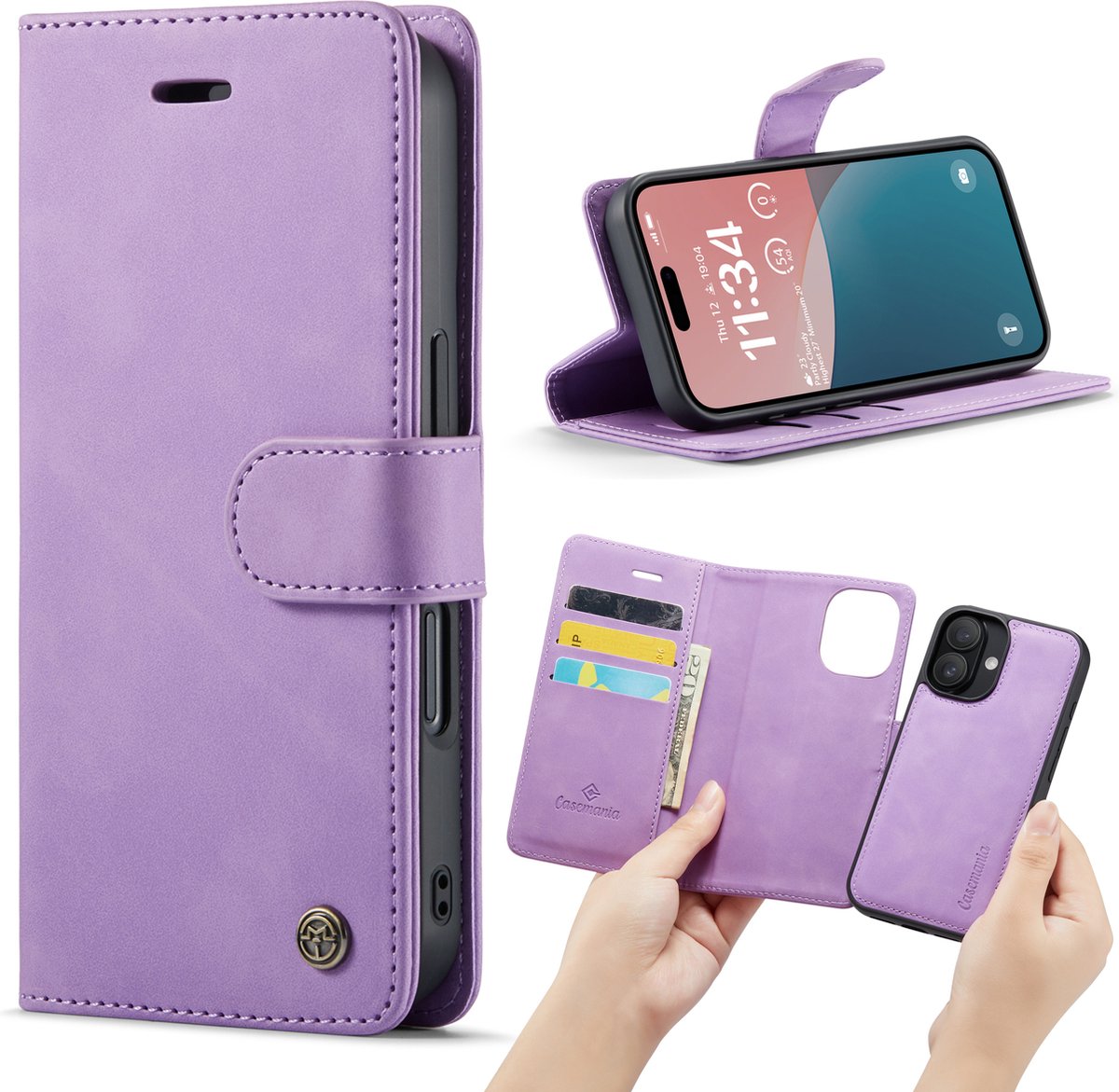 Casemania Hoesje Geschikt voor Apple iPhone 16 - Bright Lila - 2 in 1 Magnetic Book Case