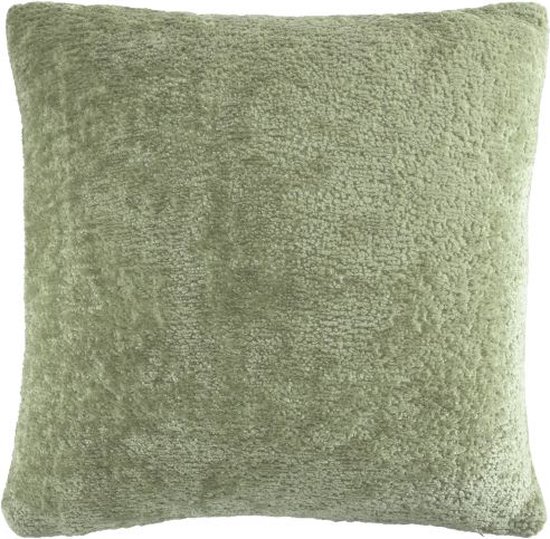 Coussin rectangulaire vert pâle à la texture douce et duveteuse.