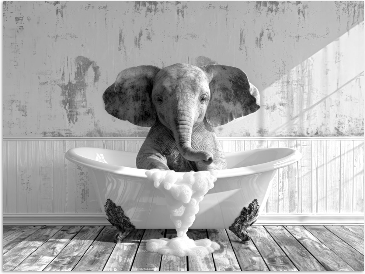 Poster 80x60 cm - Olifant - Vintage - Dieren - Zwart - Wit - Posters - Wanddecoratie badka
