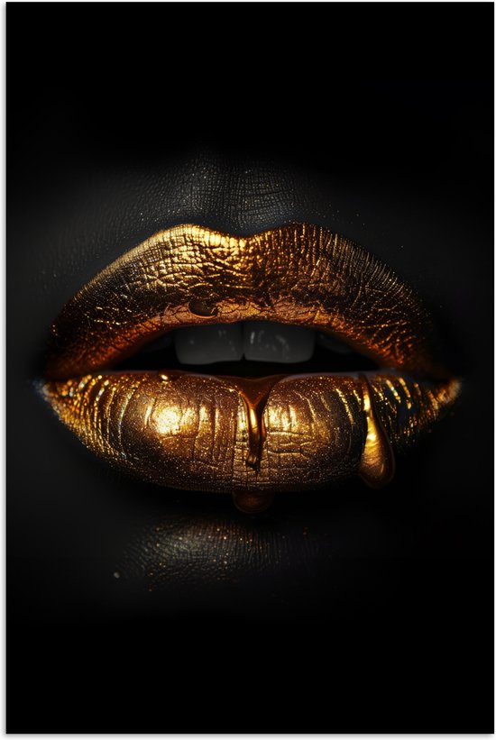 Gouden lippen met druppels op zwarte achtergrond.