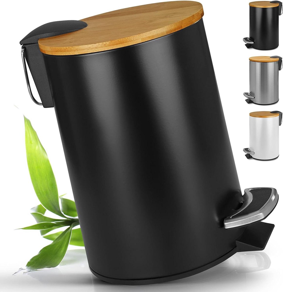 Goedkoopste Cosmetica-emmer met bamboedeksel - Afvalemmer voor badkamer met softclose-mechanisme - Hoogwaardige afvalbak vuilnisbak - Pedaalemmer wc 5 liter zwart