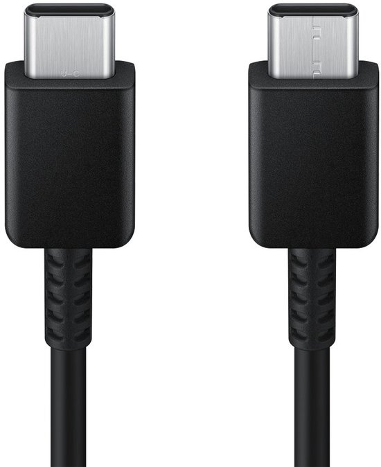 Zwarte USB-C connectoren met de tekst "U-C" erop, aangesloten op een zwarte kabel.