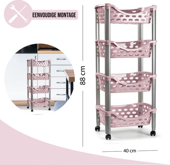 PlasticForte Chariot de cuisine / table roulante - 4 couches - plastique - rose - 40 x 88 cm