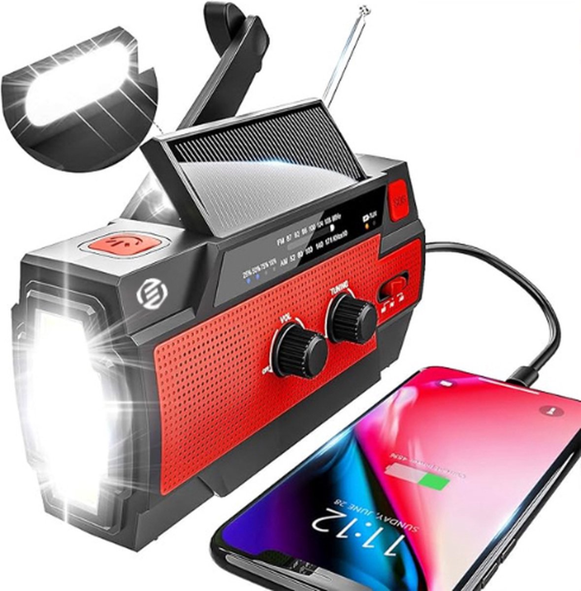 Equivera Noodradio - Noodradio - Emergency Radio - Survival Radio - Oorlog Radio - Opwindbare Radio - Solar Opwindbaar - Radio voor Rampen - SOS Alarm - Noodradio op Batterij - Draagbare Radio - AM/FM-Radio - Oplaadbare Batterij - Noodlader Telefoon