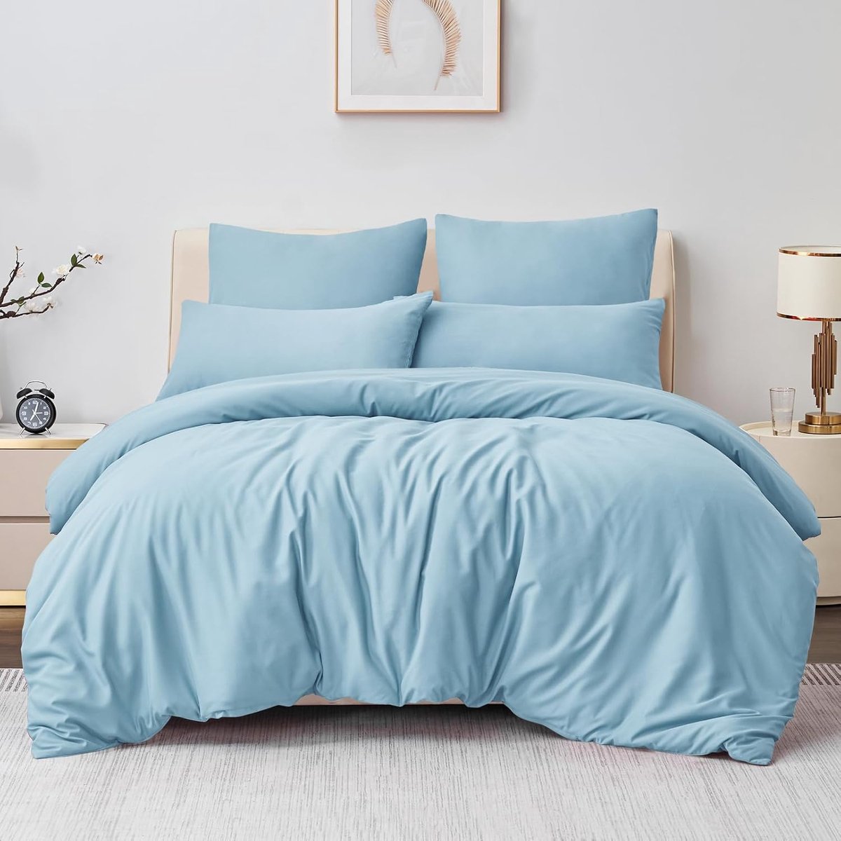 Riokem ® Comfortabele en Stijlvolle Microvezel Beddengoedset 220 x 240 cm - 3-Delig Lichtblauw