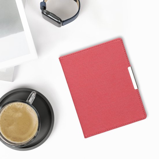 kwmobile e-reader hoesje geschikt voor Kobo Aura H2O Edition 2 hoes - E reader flip case met magneetsluiting - Ereader cover - Denim design in rood van Merkloos — afbeelding 2