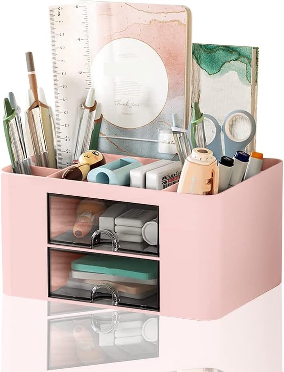 Riokem ® Bureau Organisator met Lade, Multifunctionele Pennenhouder, Bureau Organizer met 7 Vakken, Plastic Tafel Organisator voor Kantoorbenodigdheden, Pennenhouder voor Kantoor, Thuis, School (Roze)
