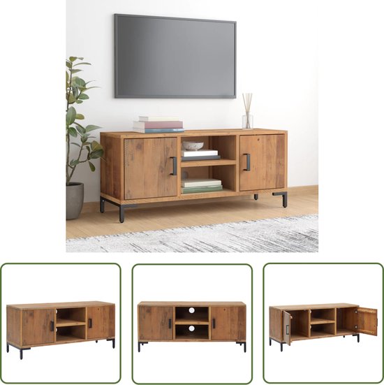 The Living Store Meuble TV Industrial - 110 x 35 x 48 cm - bois de pin recyclé - look industriel vintage