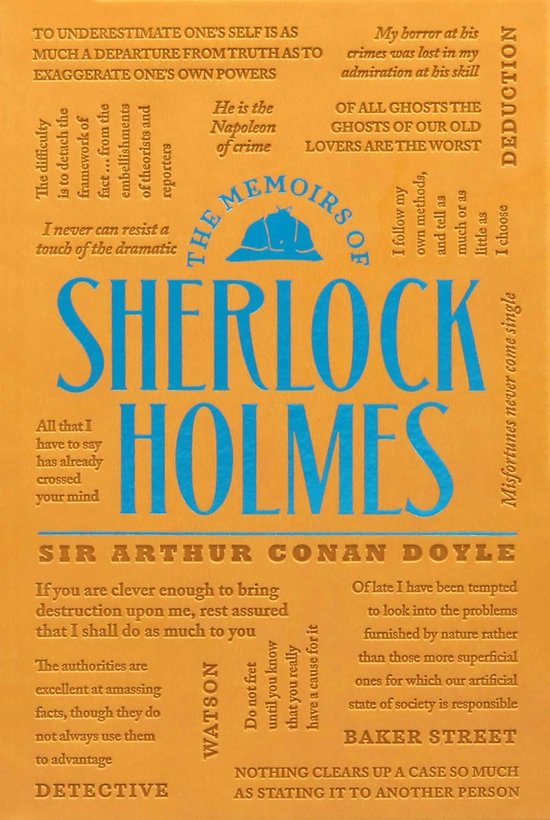 Boekomslag met tekst in blauw en oranje. Twee grote woorden 'SHERLOCK HOLMES' in het midden.