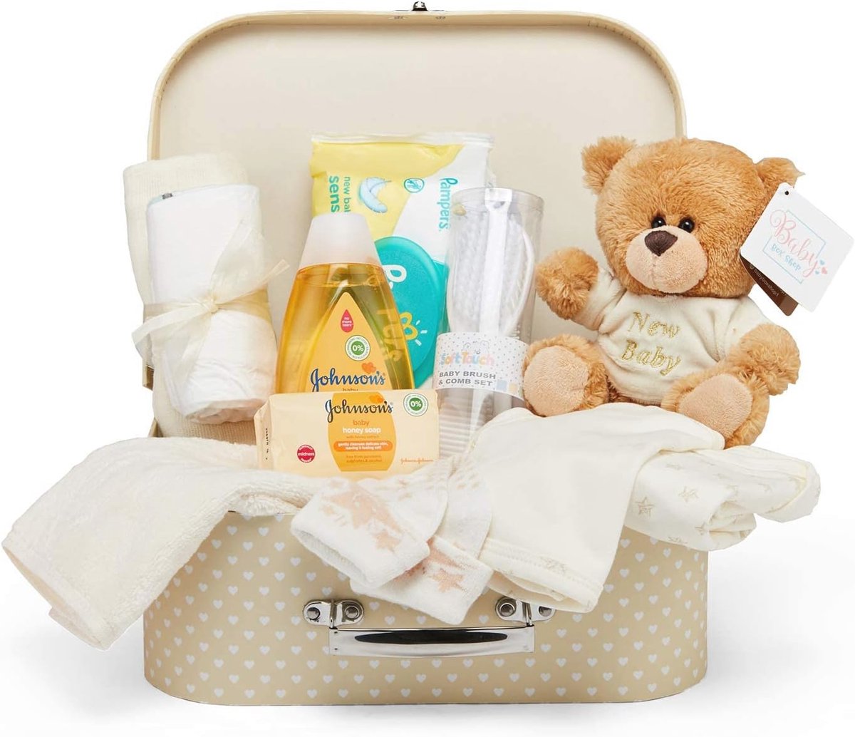 Neutrale Babygeschenkset – Mand vol Luxe Babyproducten in Crèmekleurige Aandenkendoos