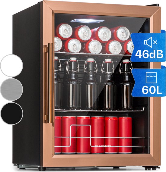 Klarstein Beersafe XL drankkoelkast 60L, glazen deur, roestvrij staal, LED-verlichting, 2 schappen, koel 3-10°C