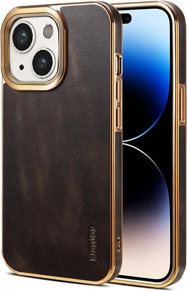 DENIOR – iPhone 15 – Waxy Textured – Back Cover – Leather+PC+TPU -Donker bruin