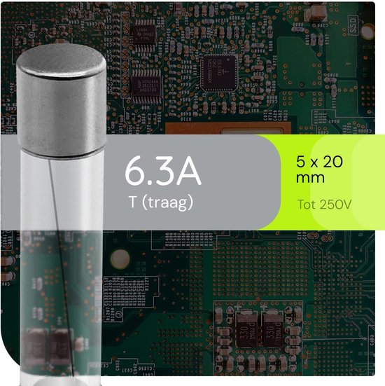 Fusible en verre VLTG 5x20mm - 6,3A - T (lent) - Protège contre les surcharges - 5 pièces
