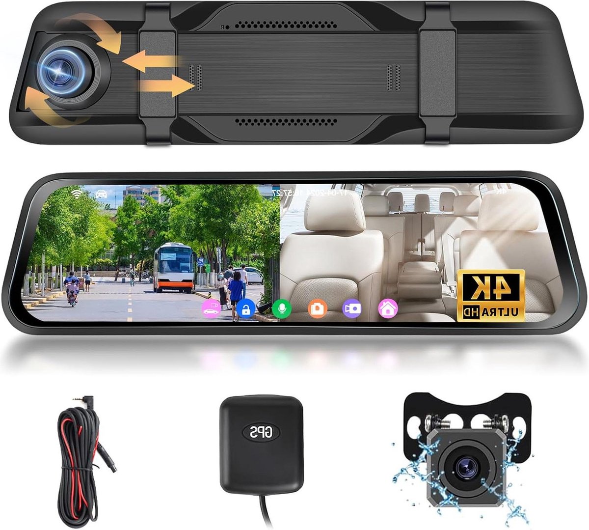 4K + 1080p dashcamspiegel met 966 inch touchscreen auto-achteruitrijcamera dual-lens voor nachtzicht FHD 170° groothoek loop-opname G-sensor.