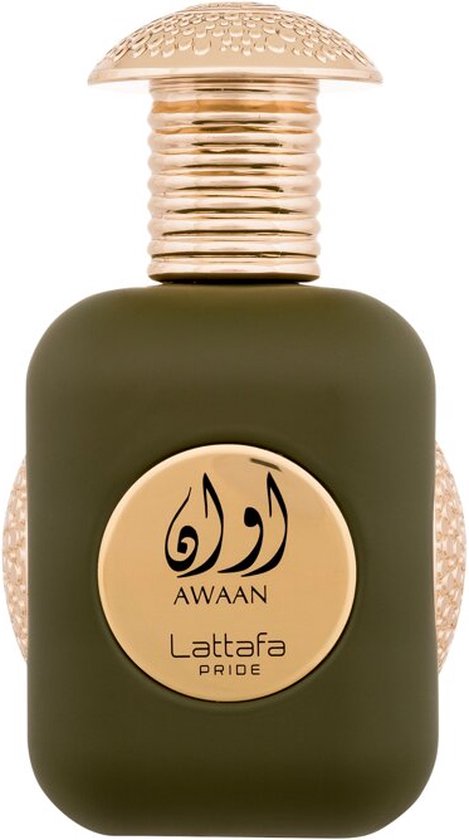 Flacon de parfum Lattafa AWAAN PRIDE vert de 100ml avec bouchon doré et décoration circulaire dorée sur les côtés.